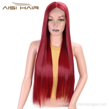 Aisi Hair High Temperature Fiber Synthetic Long Straight Wigs Wine Red Middle Part Lace Front Long Wigs For Black Women